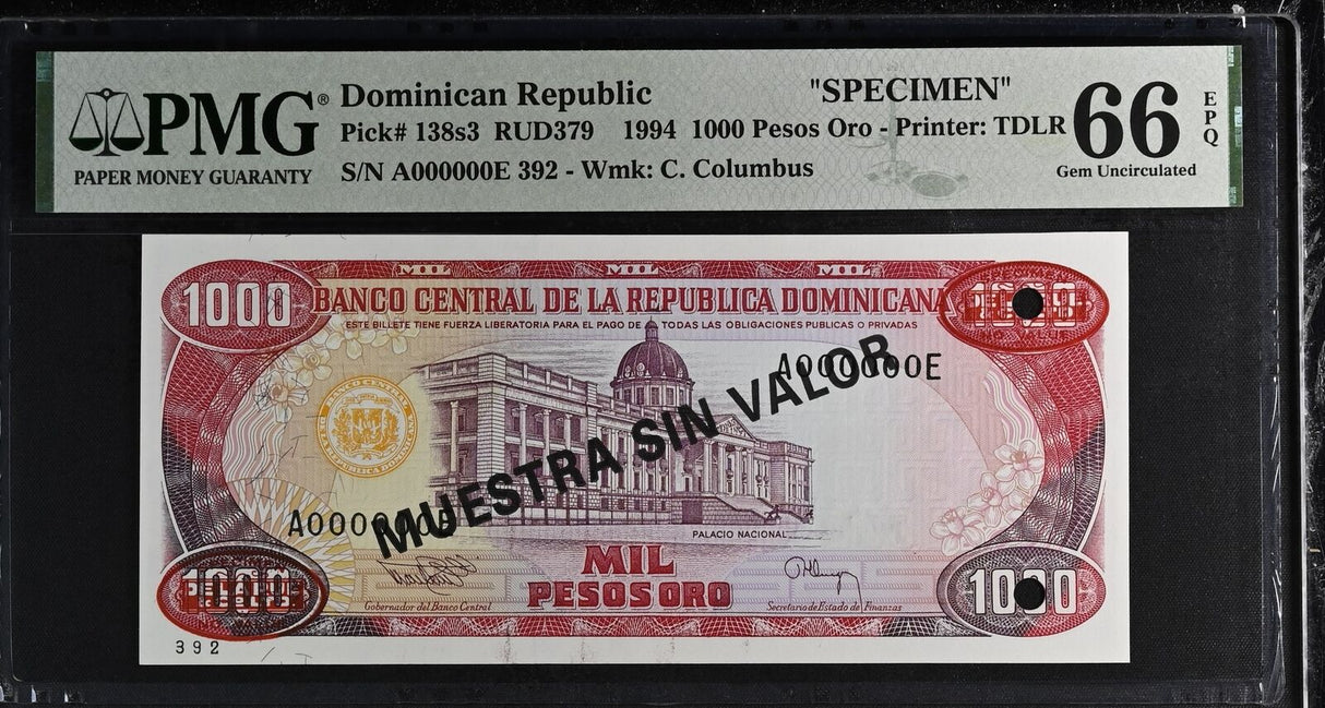 Dominican Republic 1000 Pesos 1994 P 138s3 SPECIMEN Gem UNC PMG 66 EPQ