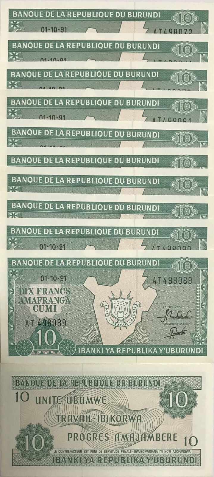 BURUNDI 10 FRANCS 1991 P 33 UNC LOT 10 PCS