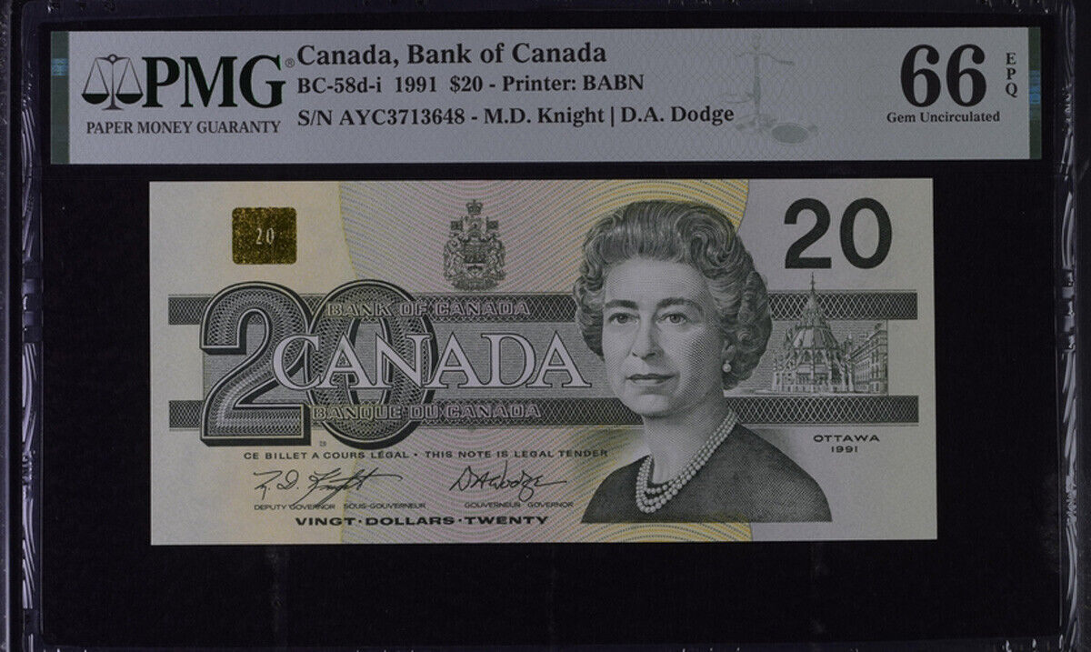 Canada 20 Dollar 1991 P 97 d Knight Dodge Gem UNC PMG 66 EPQ