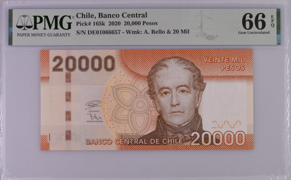 Chile 20000 Pesos 2020 P 165 k Gem UNC PMG 66 EPQ