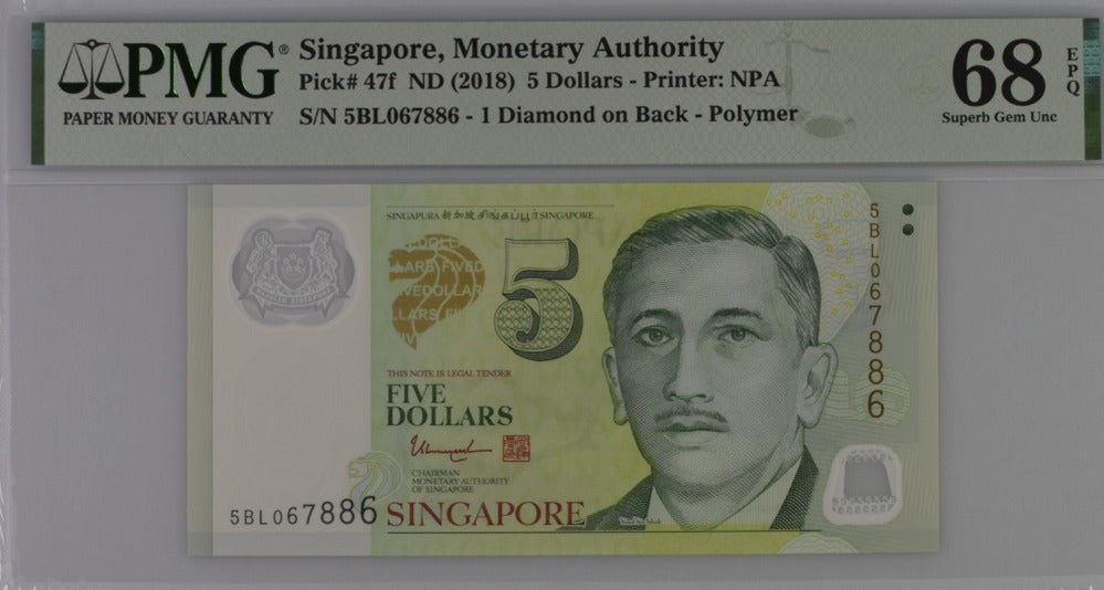 Singapore 5 Dollars ND 2018 P 47 f Superb Gem UNC PMG 68 EPQ