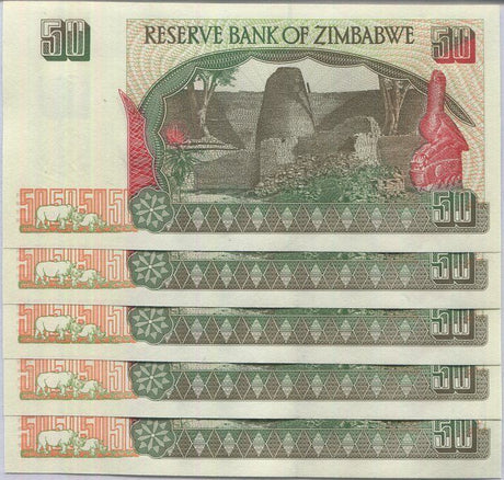Zimbabwe 50 Dollars 1994 P 8 UNC Lot 5 PCS