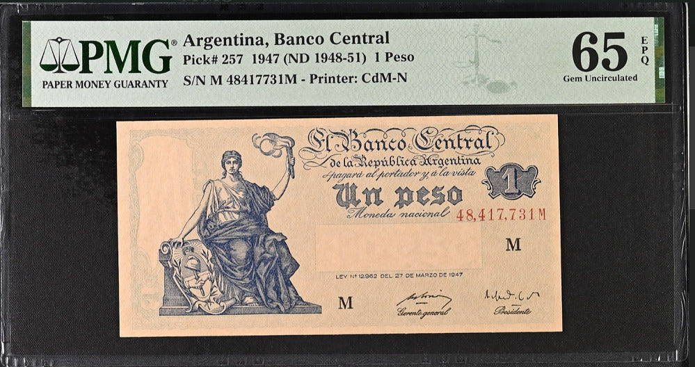 Argentina 1 Peso 1947 (ND 1948-51) P 257 Gem UNC PMG 65 EPQ