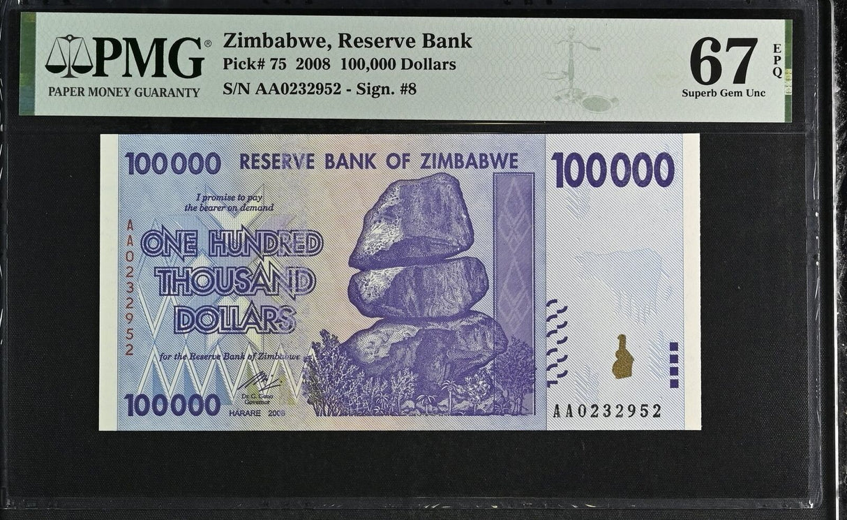 Zimbabwe 100000 Dollars 2008 P 75 Superb Gem UNC PMG 67 EPQ