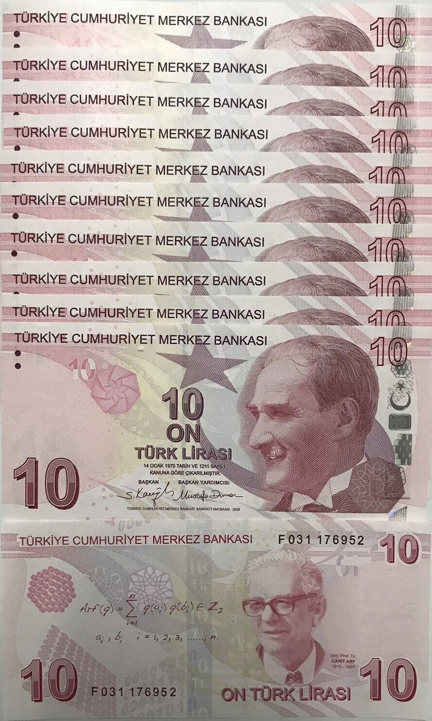 Turkey 10 Lira 2009/2022 P 223 Prefix F UNC LOT 10 PCS