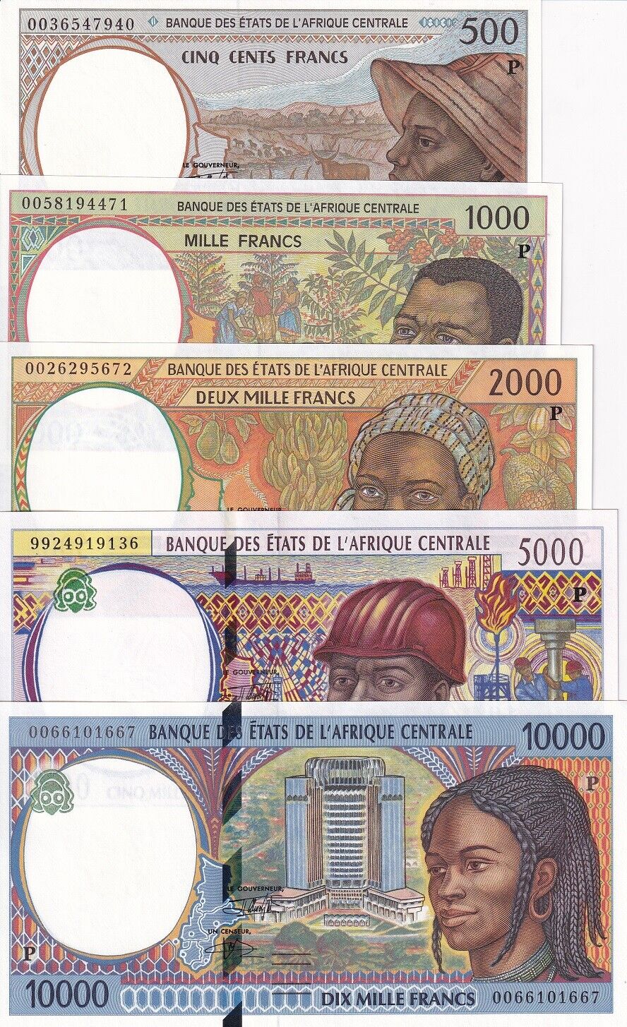 Central African Chad Set 5 UNC 500 - 10000 Francs Random Date P 601P - P 605P