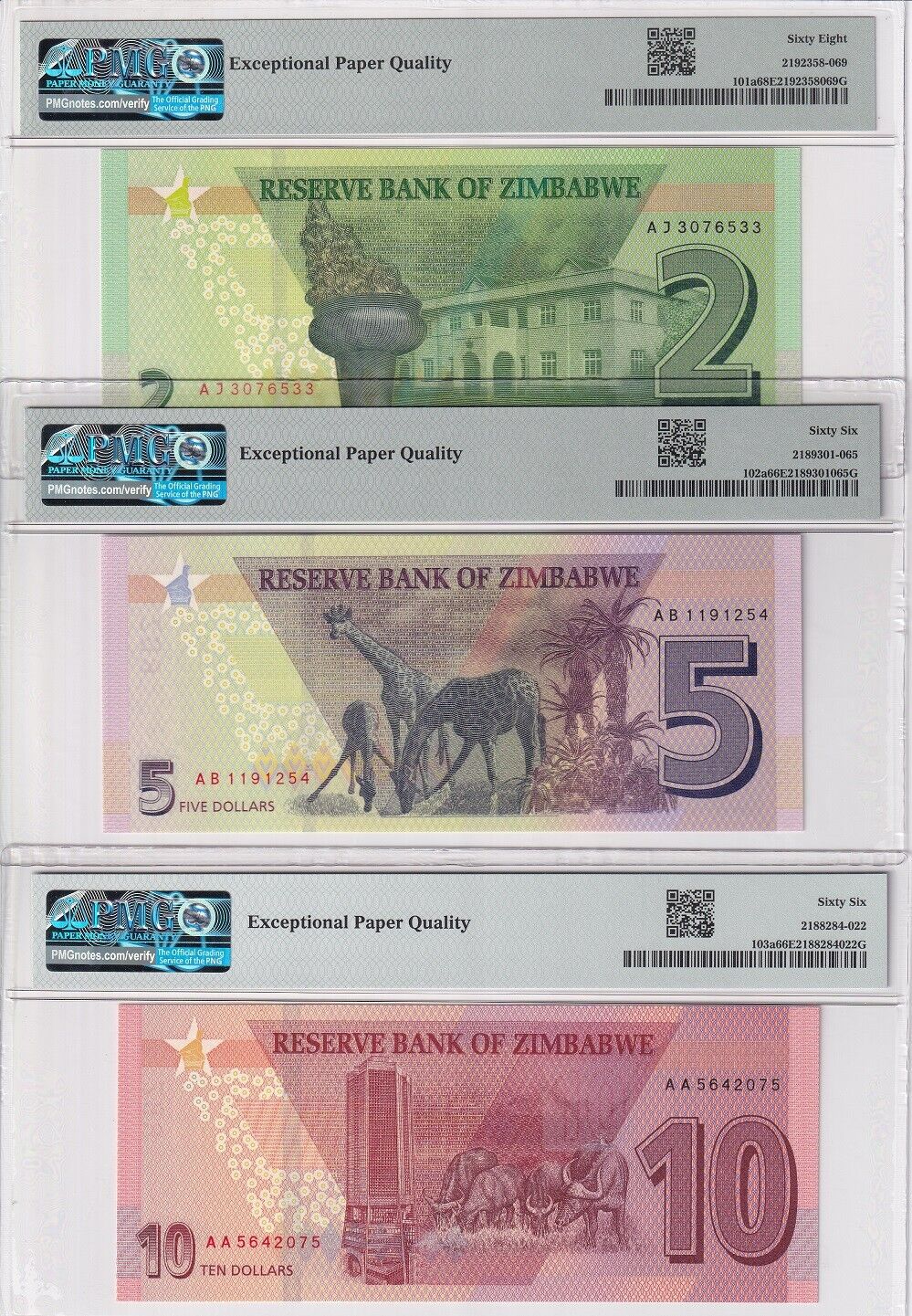 Zimbabwe Set 6; 2 5 10 -100 Dollars 2019-20 P101-P106 SuperbGem PMG 66 ...