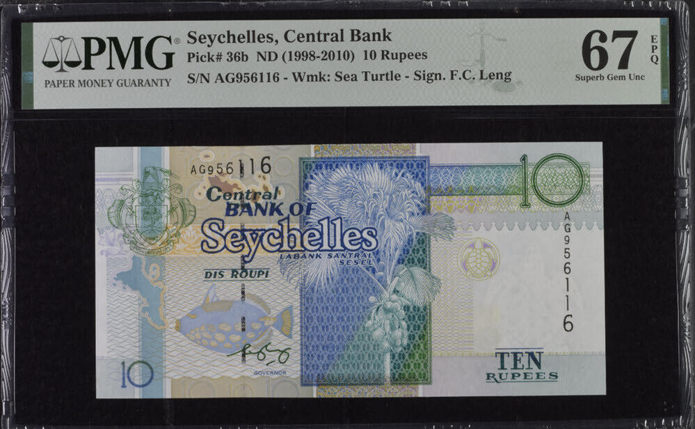 Seychelles 10 Rupees 1998/2010 P 36 b Sign Leng Superb Gem UNC PMG 67 EPQ