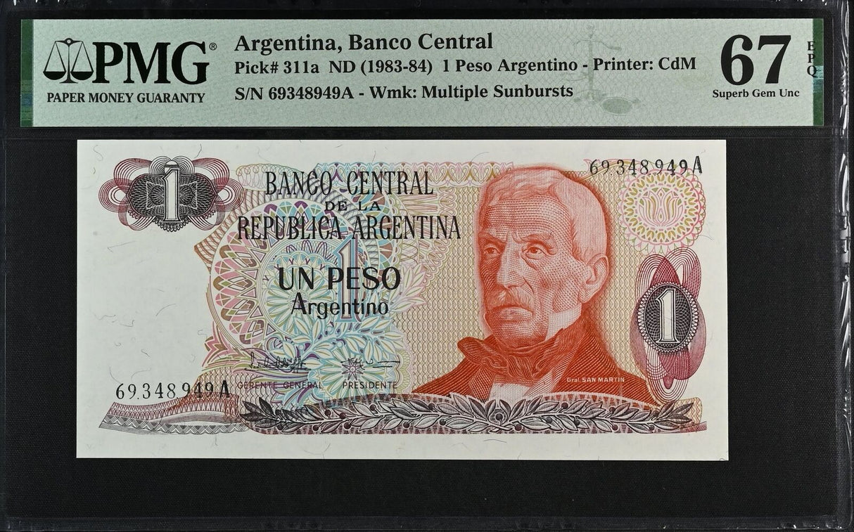 Argentina 1 Peso ND 1983-1984 P 311 a Superb Gem UNC PMG 67 EPQ Top Pop