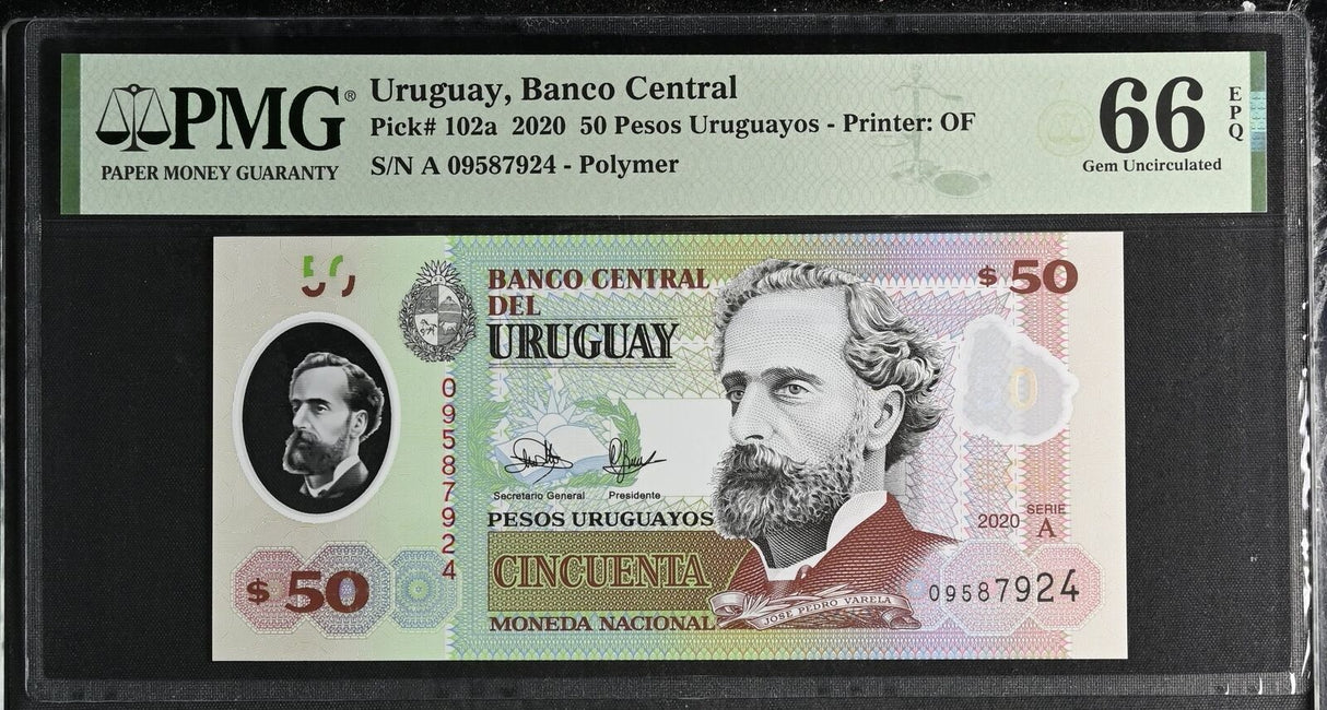 Uruguay 50 Pesos 2020 P 102 a Polymer Gem UNC PMG 66 EPQ