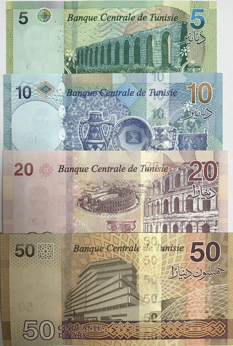 Tunisia Set 4 PCS 5 10 20 50 Dinars 2017-2022 P 97 P 98 P 99 P 100 UNC
