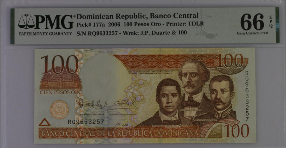 Dominican Republic 100 Pesos Oro 2006 P 177 a Gem UNC PMG 66 EPQ Top Pop