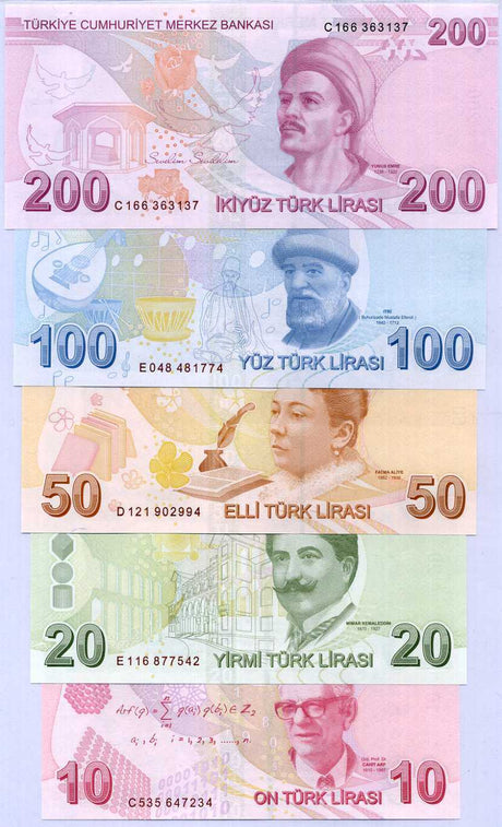 Turkey Set 5 Pcs 10 20 50 100 200 Lira 2009 - 2020 P 222 - 227 c UNC