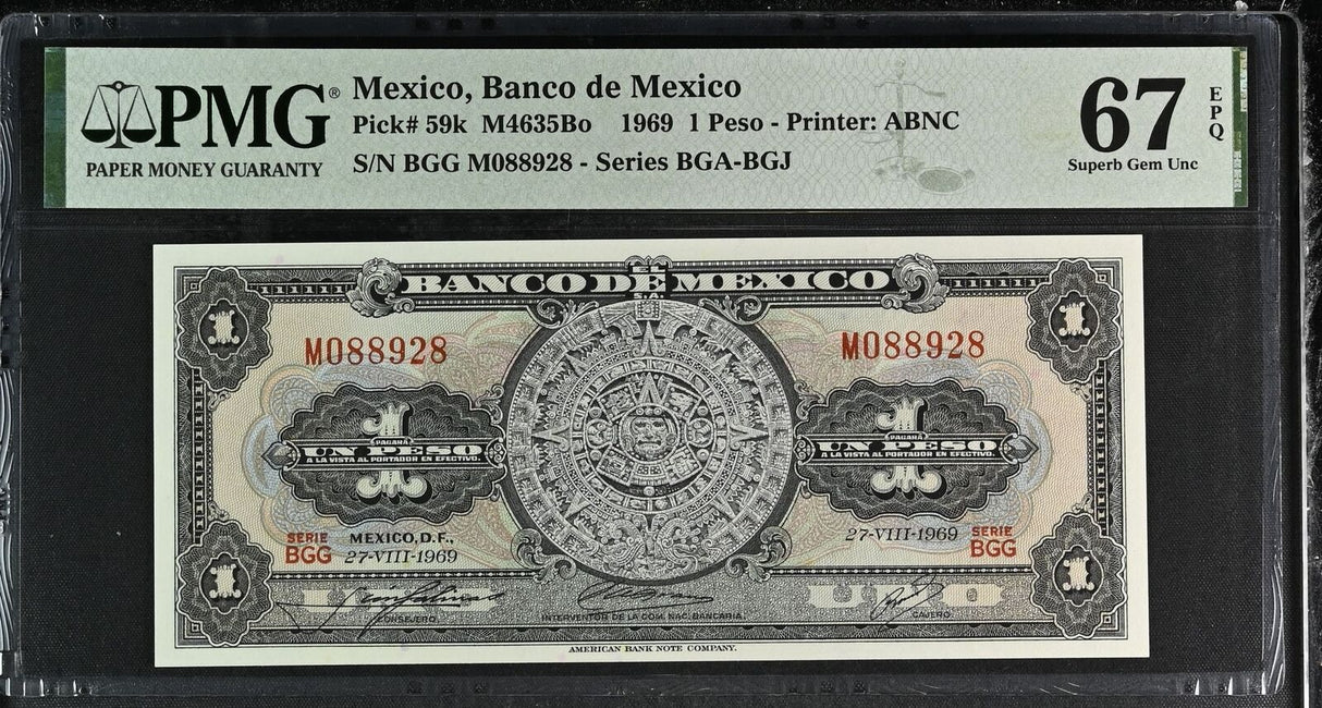 Mexico 1 Pesos 1969 P 59 k Superb Gem UNC PMG 67 EPQ
