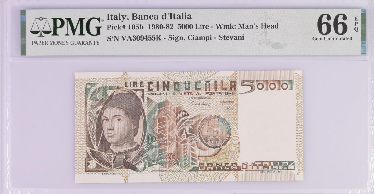 Italy 5000 Lire 1980-82 P 105 b GEM UNC PMG 66 EPQ