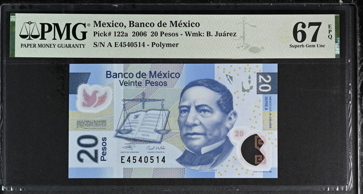 Mexico 20 Pesos 2006 series A P 122 a Superb Gem UNC PMG 67 EPQ