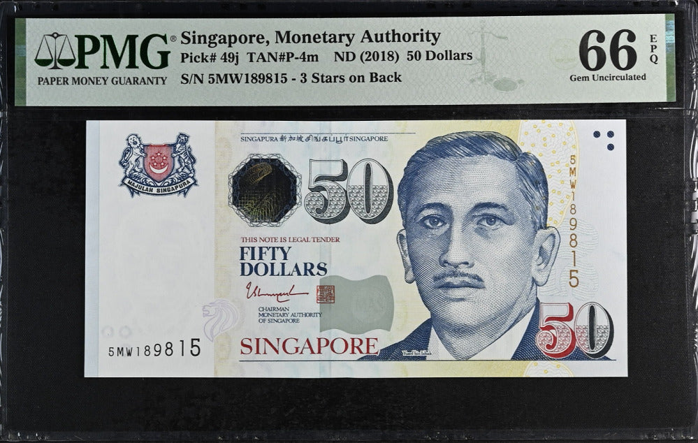 Singapore 50 Dollars ND 2018 P 49 j + 3 Star Gem UNC PMG 66 EPQ
