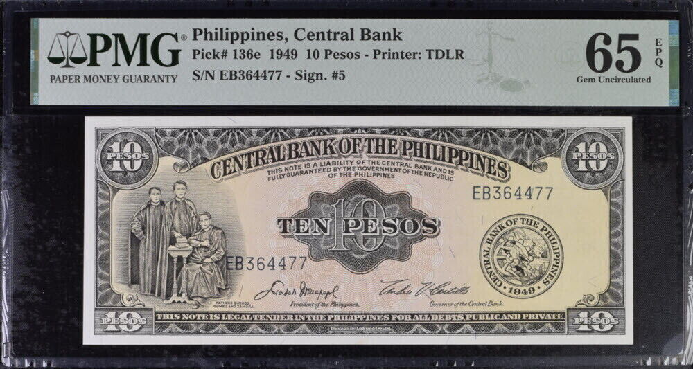Philippines 10 Peso 1949 P 136 e Gem UNC PMG 65 EPQ