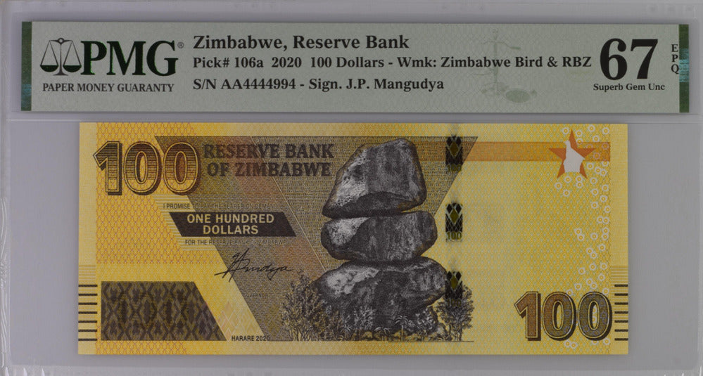 Zimbabwe 100 Dollars 2020 / 2022 P 106 a #4444994 Superb Gem UNC PMG 67 EPQ