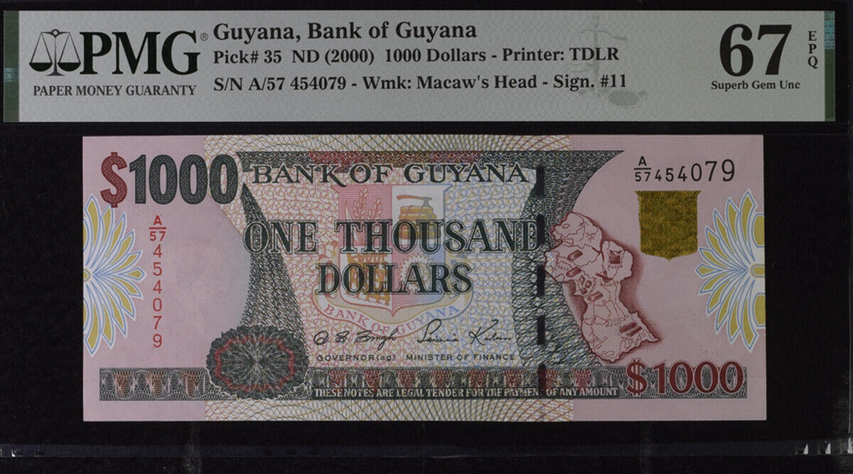 Guyana 1000 Dollars ND 2000 P 35 Superb Gem UNC PMG 67 EPQ TOP POP