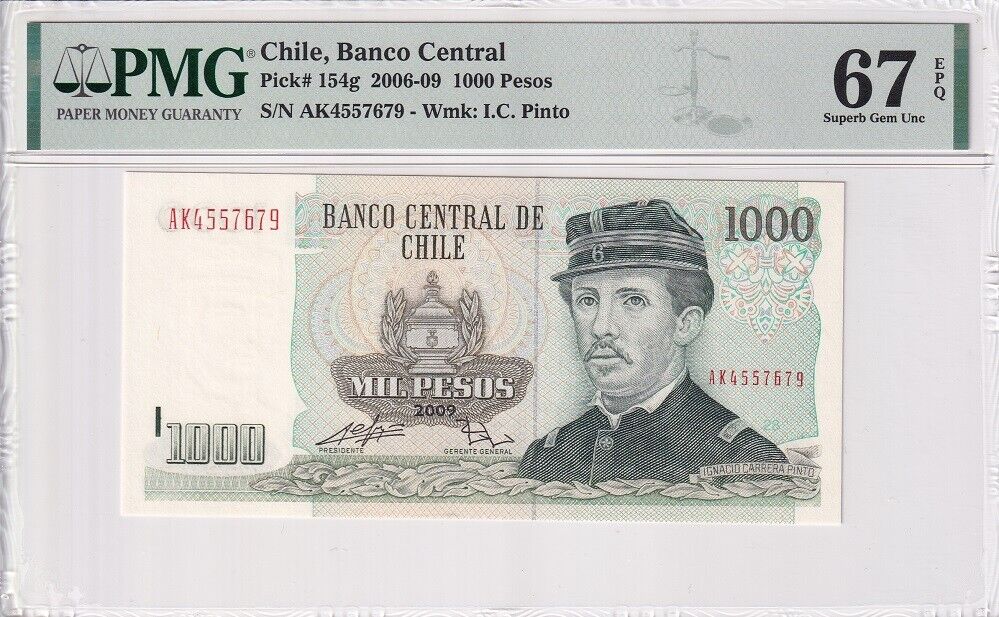 Chile 1000 Pesos 2009 P 154 g Superb Gem UNC PMG 67 EPQ