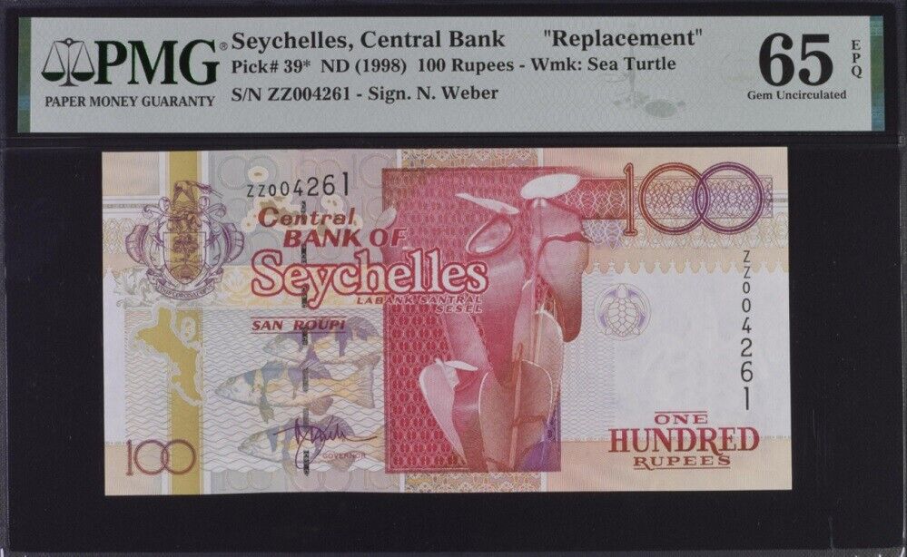 Seychelles 100 Rupees ND 1998 P 39* Replacement Gem UNC PMG 65 EPQ