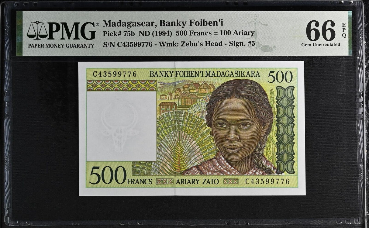 Madagascar 500 Francs ND 1994 P 75 b Gem UNC PMG 66 EPQ