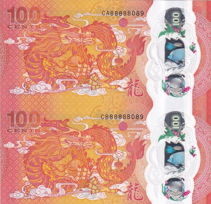 Fiji 100 Cents 2023 Commemorative Dragon P 124 UNCUT SHEET OF 2 UNC