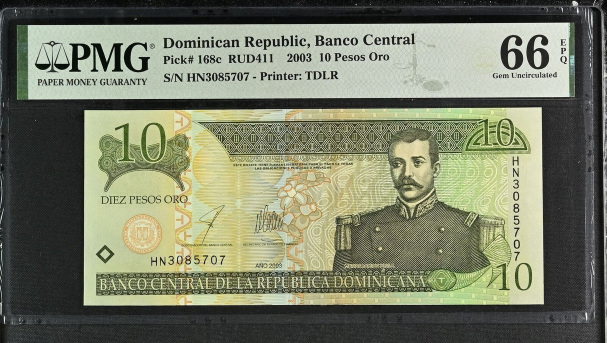 Dominican Republic 10 Pesos 2003 P 168 c Gem UNC PMG 66 EPQ