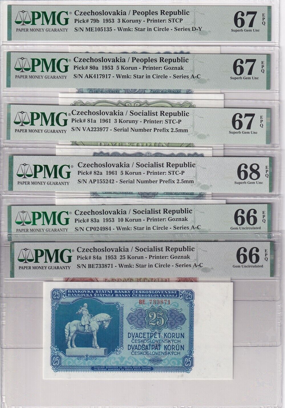 Czechoslovakia Set 6; 3-10 25 Koruny 1953-61 P79- 84 Superb Gem UNC PMG 66 67 68