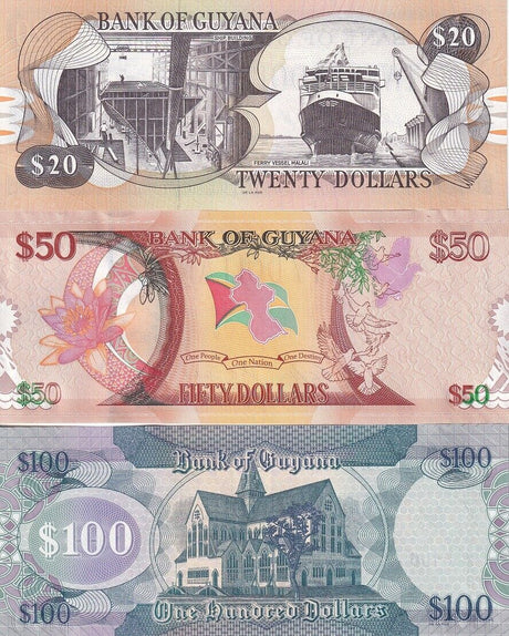 Guyana Set 3 UNC 20 50 100 Dollars 2016-2022 P 30 36 41