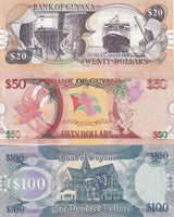 Guyana Set 3 UNC 20 50 100 Dollars 2016-2022 P 30 36 41