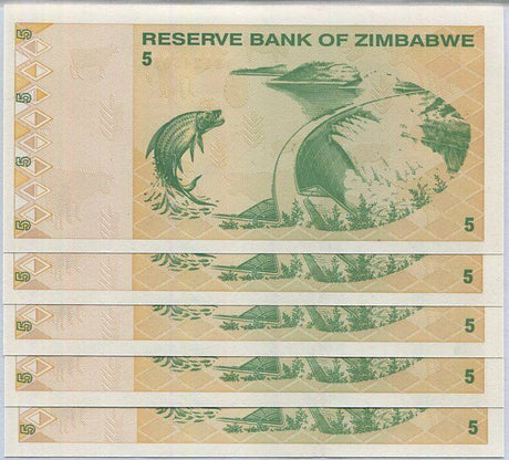 Zimbabwe 5 Dollars 2009 P 93 UNC LOT 5 PCS