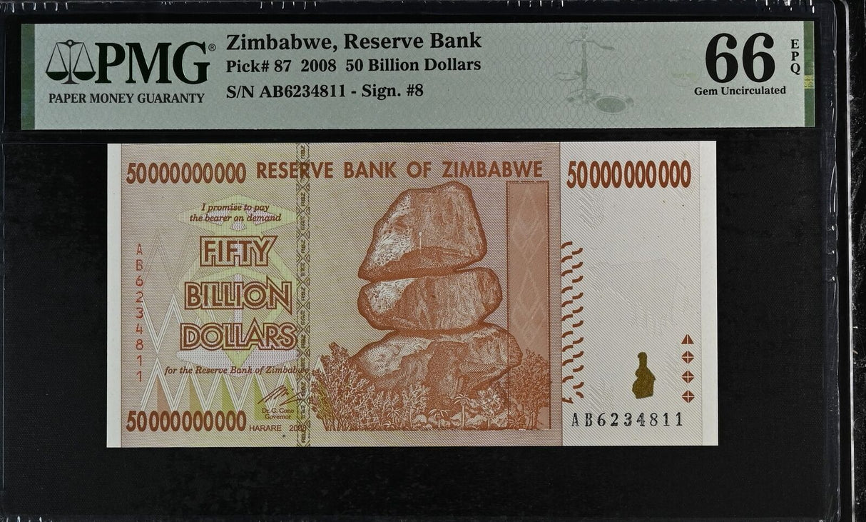 Zimbabwe 50 Billion Dollars 2008 P 87 Gem UNC PMG 66 EPQ