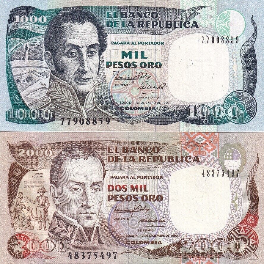 Colombia SET 2 PCS 1000 2000 Pesos 1990 P 432 P 433 UNC