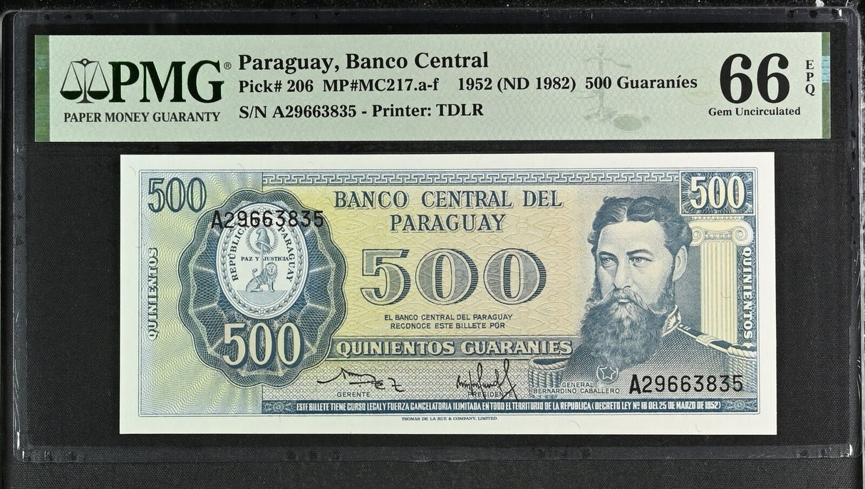 Paraguay 500 Guaranies 1952 ND 1982 P 206 Gem UNC PMG 66 EPQ