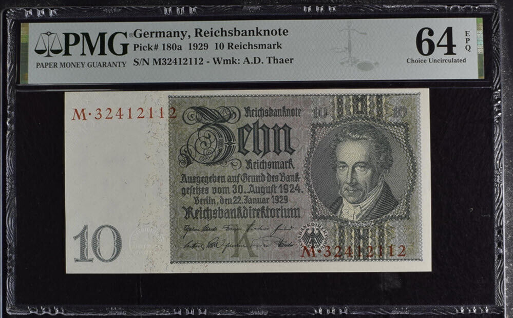 Germany Reichsbank 10 Reichsmark 1929 P 180 a Choice UNC PMG 64 EPQ