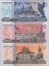 Cambodia Set 3 Pcs 100 500 1000 Riels 2014-2016 P 65 66 67 UNC