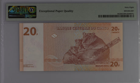 Congo 20 Francs 1997 (1998) P 88 s SPECIMEN Superb Gem UNC PMG 68 EPQ Top Pop