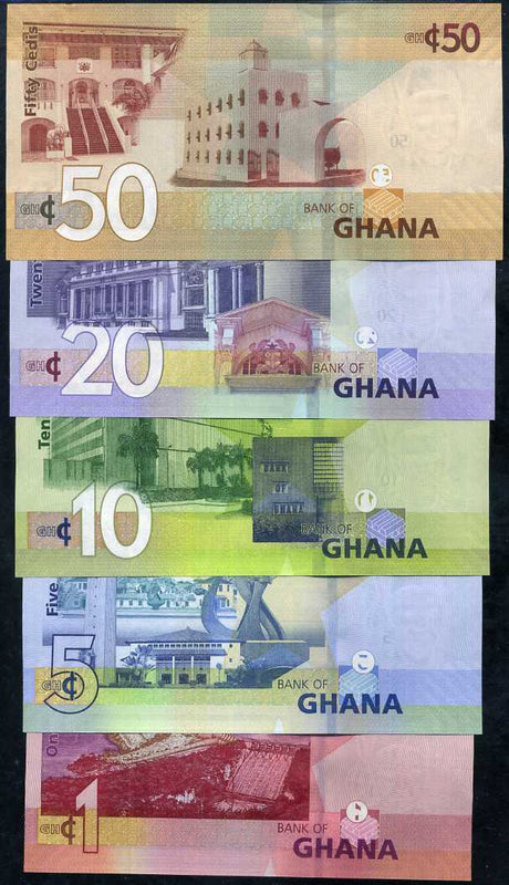 GHANA SET 5 UNC 1 5 10 20 50 CEDIS 2019 P NEW DESIGN