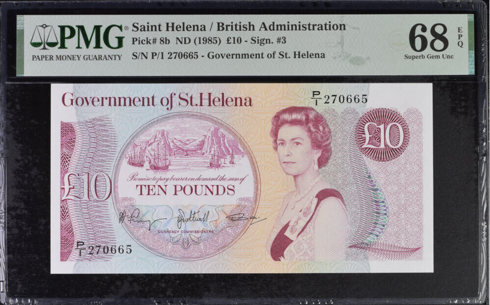 St. Helena 10 Pounds ND 1985 P 8 b Superb Gem UNC PMG 68 EPQ Top Pop –  Noteshobby