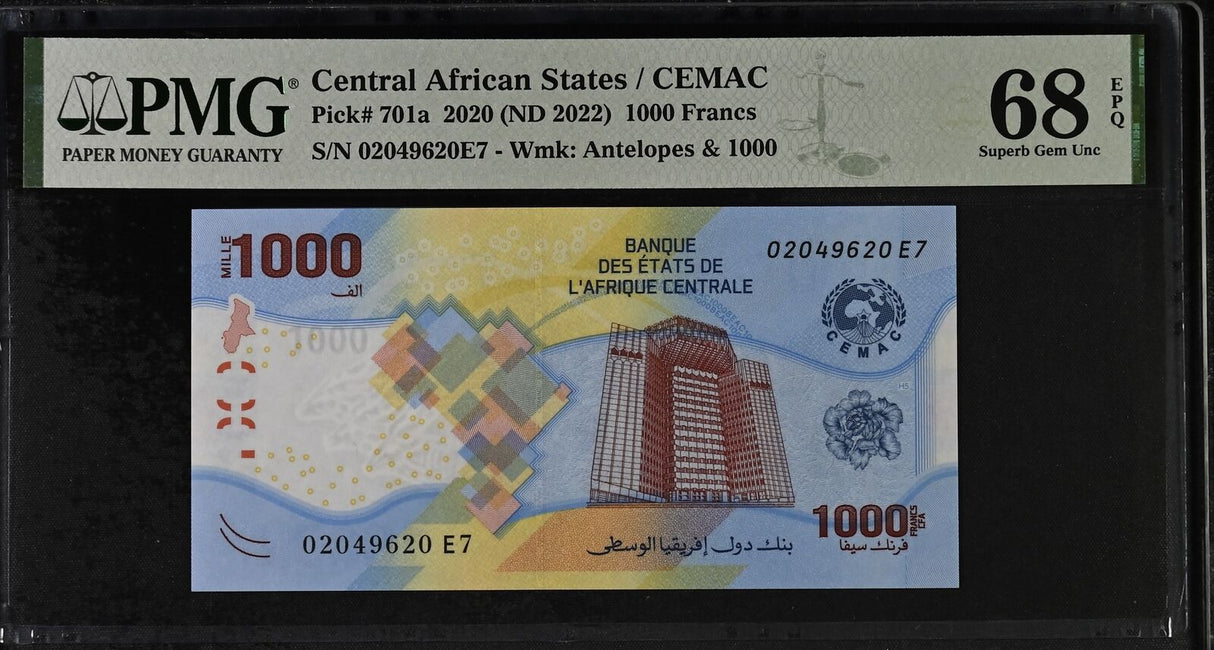 Central African States 1000 Francs 2020 ND 2022 P 701 Superb Gem UNC PMG 68 EPQ