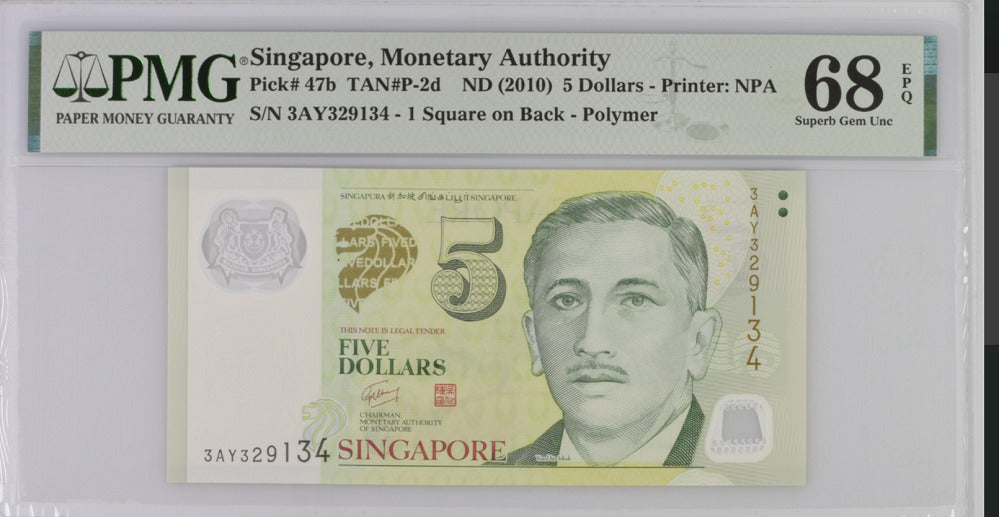 Singapore 5 dollars ND 2010 P 47 b Superb Polymer Gem UNC PMG 68 EPQ