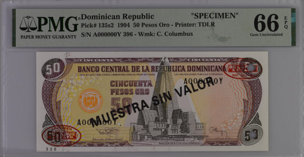Dominican Republic 50 Pesos 1994 P 135s2 SPECIMEN Gem UNC PMG 66 EPQ