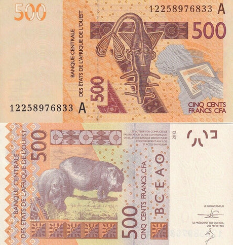 West African States Ivory Coast 500 Francs 2012 P 119 HIPPO UNC LOT 3 PCS