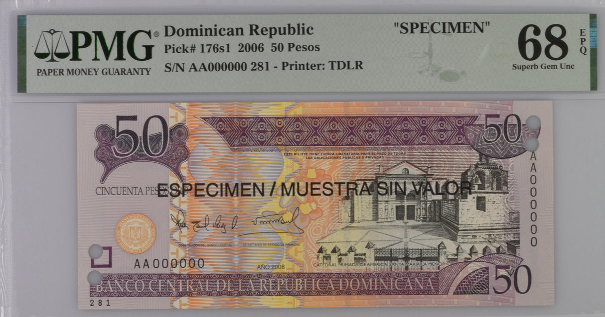 Dominican Republic 50 Pesos 2006 P 176 s1 SPECIMEN Superb Gem UNC PMG 68 EPQ Top