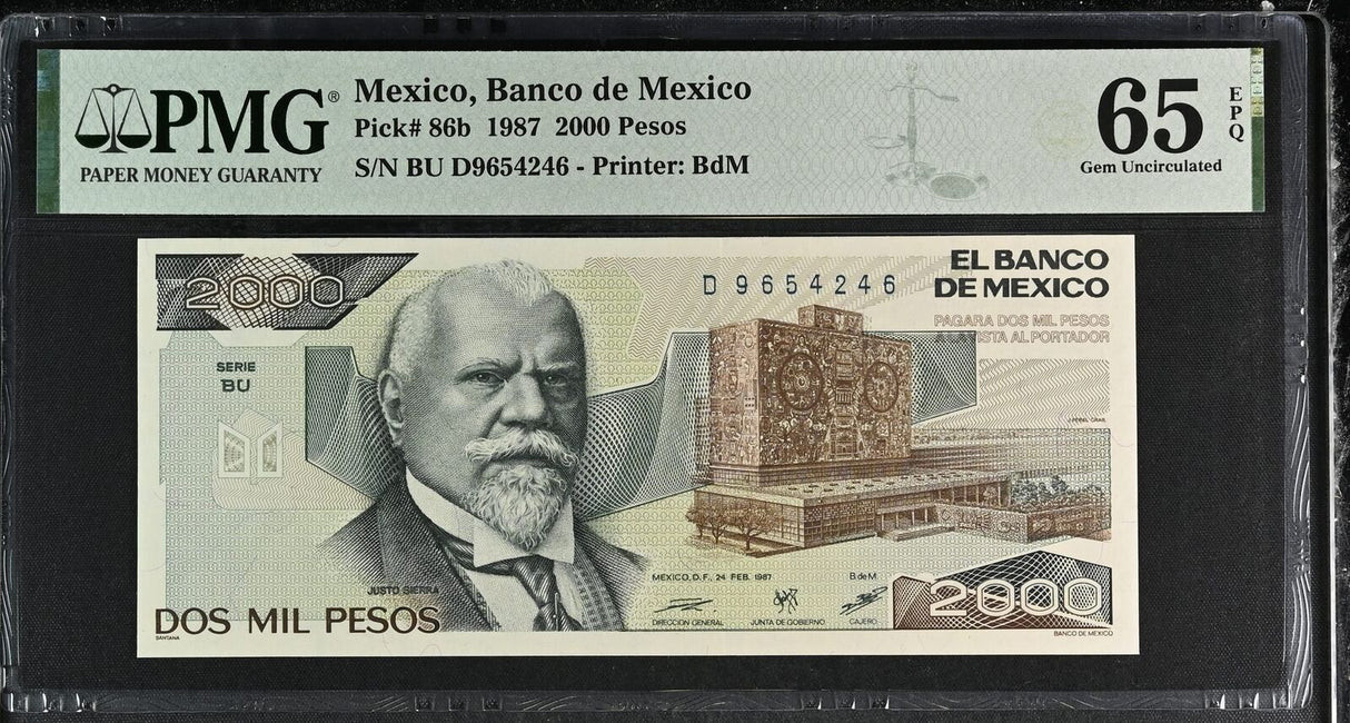 Mexico 2000 Pesos 1987 P 86 b Gem UNC PMG 65 EPQ