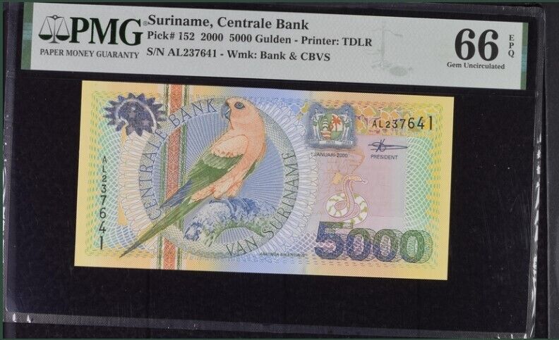 Suriname 5000 Gulden 2000 P 152 Gem UNC PMG 66 EPQ