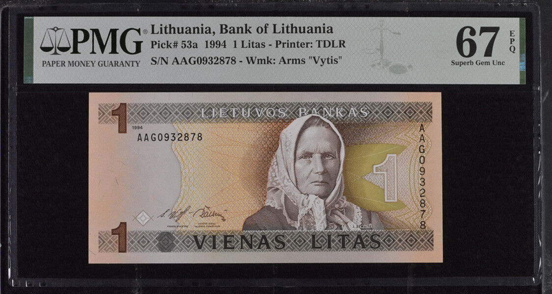 Lithuania 1 Litas 1994 P 53 a Superb Gem UNC PMG 67 EPQ