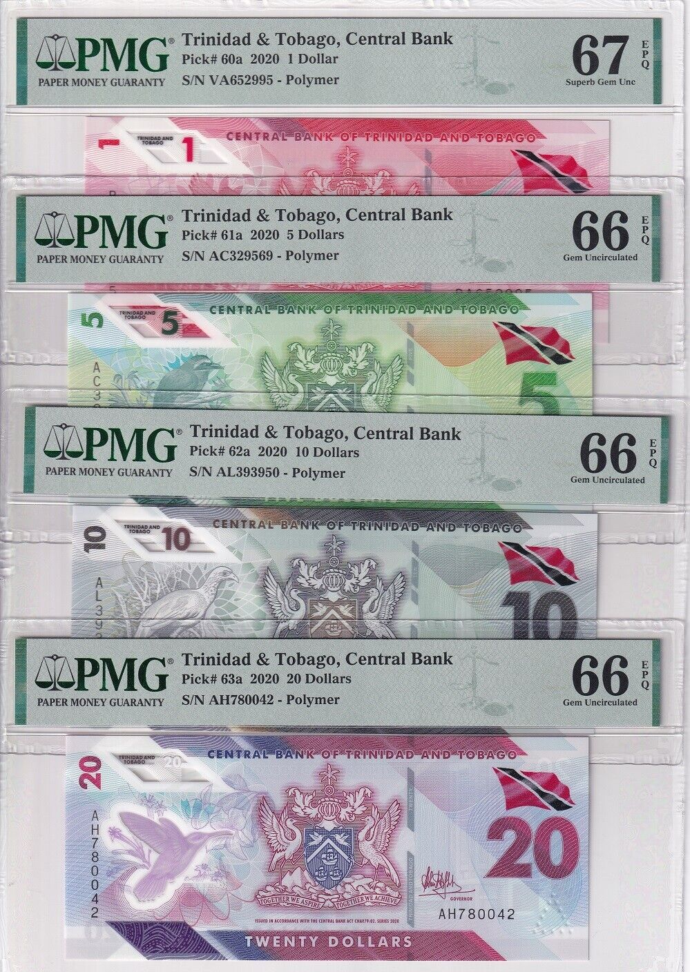 Trinidad & Tobago Set 4; 1 5 10 20 D. 2020 P 60- 63 Superb Gem UNC PMG 66 67 EPQ